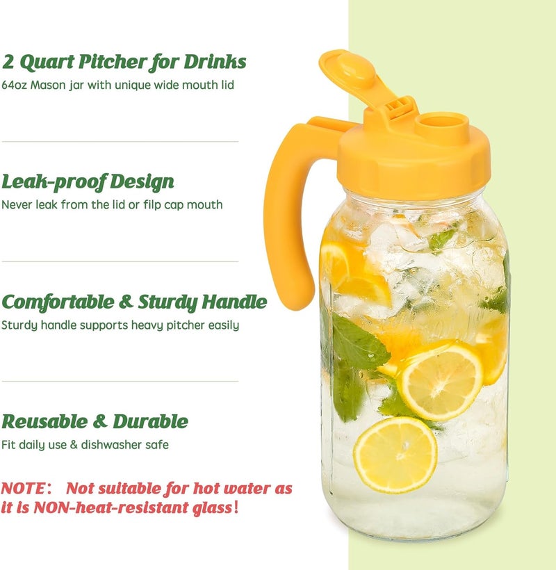SOLIGT Glass Mason Jar Pitcher with Lid, Wide Mouth Flip Cap Pour Spout Leak-proof Lid with Handle, 64 oz (2 Quart /1.9 Liter), for Sun Tea/Iced Tea/Juice/Cold Brew Coffee/Milk (1 Pack, Vivid Yellow) - Image 4